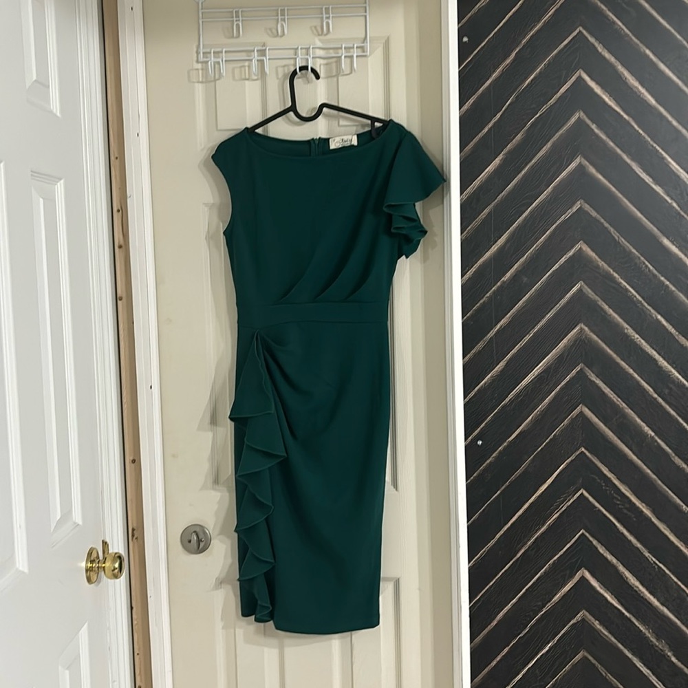 Solid Ruffle Trim Dress, Elegant Boat Neck Slim Midi Dress